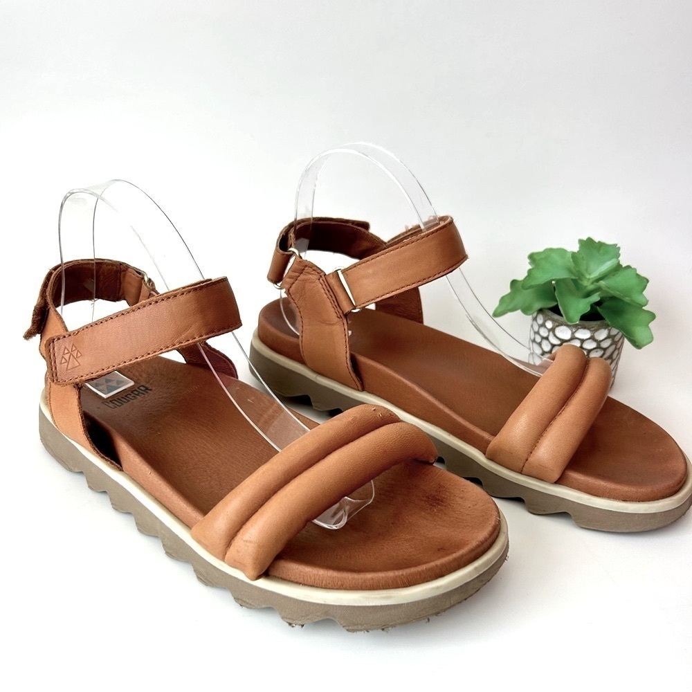 Cougar Nolo Sandals Cognac Brown Tan Leather Flatform Strappy Sawtooth Size 10 - Picture 2 of 13